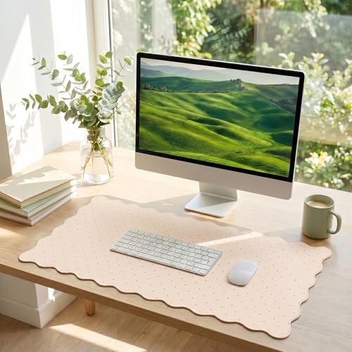 Cute Beige Scalloped Desk Mat with Polka Dot Large Mouse Pad Computer Mat Aesthetic Keyboard Mat for Desktop Laptop Protector for Office & Home - color: A4- Beige Pink