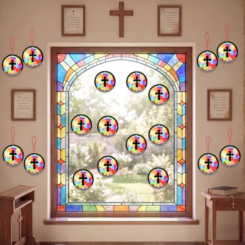 48PCS Sunday School VBS Crafts Bulk: Paper Cross Nativity Suncatchers, Jesus Religious Christian Activity DIY Kits Church Decorations, Window Stained Glass Effect Art Supplies(Round Shape) - style: round shape cross