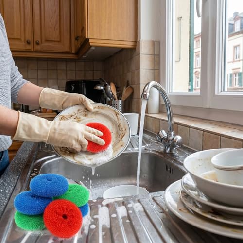 Blulu 15 Pcs Plastic Dish Scrubbers for Dishes Pot Round Nylon Pad, Mesh Scouring Non Scratch Pads (Rainbow Colors) - color: Primary Colors