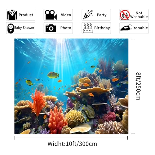 10X8ft Sunlight Underwater Coral Reef Photography Backdrop Colorful Tropical Fish Background for Ocean Themed Aquarium Wall Decorations Kids Birthday Party Portrait Photo Booth Studio Prop - color: Ocean-2