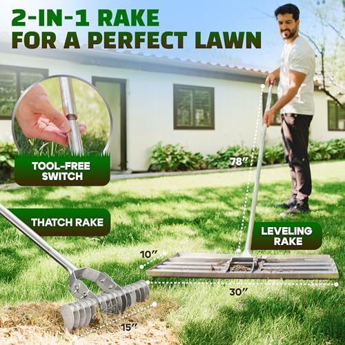 Oris Garden® Lawn Leveling Rake 30 inch - Ground Leveler for Yard, Sand, Soil, Grass - Dirt Leveling Tool, Heavy Duty Stainless Steel rakes for Golf, Grading, Gravel (30" Leveling + Thatch Rake) - style: 30" Leveling + Thatch Rake