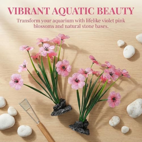 Kisangel 2pcs Small Realistic Fish Tank Plant Aquarium Supply Artificial Plastic Plants Compact Decor for Desktop Aquarium Accessories Black Base Violet Pink
