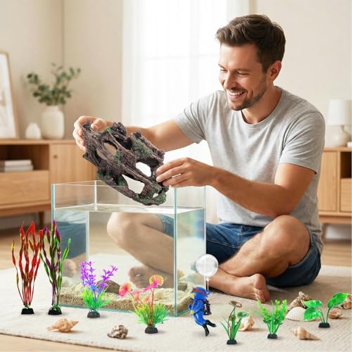 Aaquarium Accessories, Fish Hideout Cave, Tank Shipwreck Decor | Resin Sunken Ship Ornament Fish Castle Decor Set with 10 Artificial Aquatic Plants, 30-40 Seashells, 1 Floating Diver - color: Broken Ship