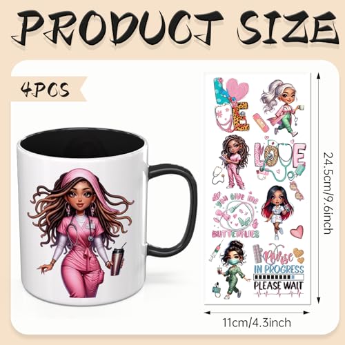 UV DTF Cup Wraps, 4 Sheets Nurse Quote Transfer Stickers for 16oz Glass, Rub On Decals for Tumblers and Candlestick - style: Nurse Quote