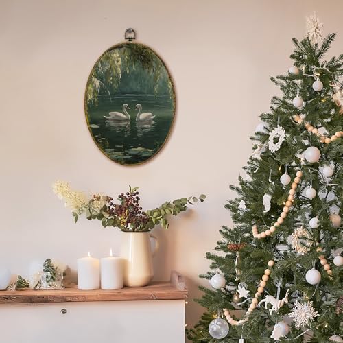 XFCICRLJ Vintage Swan Wall Art Decor, Rustic Elegant Animal Lake Landscape Oval Canvas Prints Framed, Moody Cottagecore Antique Wall Art Decorations for Home Bedroom Living Room Decor, 11x8.5 Inch - color: Swan03