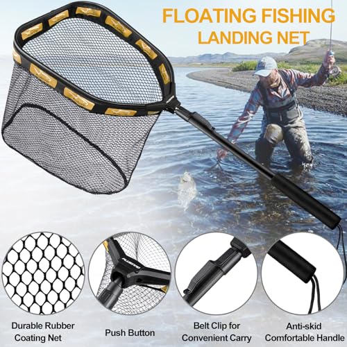 PLUSINNO Floating Fishing Net for Steelhead, Salmon, Fly, Kayak, Catfish, Bass, Trout Fishing, Rubber Coated Foldable Landing Net with Fixed or Telescoping Pole Handle, Fishing Gear and Gifts for Men - color: 11.8/30cm Hoop Size Orange (Fixed Pole)