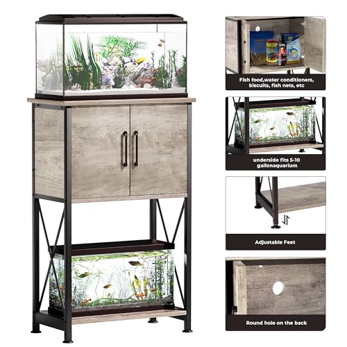 Herture 5-10 Gallon Fish Tank Stand, Metal Double Aquarium Stand with Cabinet for Fish Tank Accessories Storage, Heavy Duty 20.5" L* 11.02" W Tabletop, 500LBS Capacity Grey PG06YGZ - color: Grey, size: 5-10 Gallon