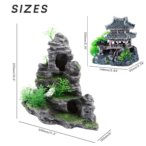 Saim Large Aquarium Decorations Set– Resin Castle and Mountain View Stone Ornament, 2Pack Fish Tank Rock Decor & Aquatic Plant Background for Freshwater/Saltwater Tanks (11.5x6x10.6+5.83x3.74x5.91) - size: 11.5x6x10.6+5.83x3.74x5.91