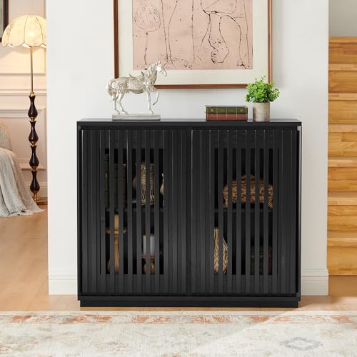 LKTART Mid Century Modern Entryway Cabinet, Narrow Small Sideboard Buffet Storage Cabinet with Arched Doors,TV Media Console Cabinet for Living Room,Kitchen,Home Bar,Black - color: B- Black, size: 1 Piece