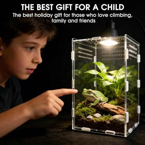 Jumping Spider Enclosure, Acrylic Terrarium with Magnetic Door & All-Side Ventilation, Easy-Clean Habitat for Spider, Tarantula, Mantis, Snail-5.9" x 5.9" x 9.8"(Tweezer and Bowl Included) - size: Basic Vertical-Kit