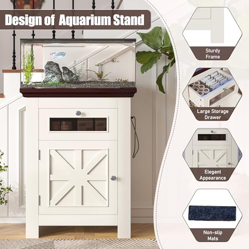 10-15 Gallon Aquarium Stand With Power Outlets, Farmhouse Fish Tank Stand, Reptile and Terrarium Stand with Drawer and Cabinet Storage, Sturdy Heavy Duty 20.4" 12",White - color: Beige brown 20.55" L