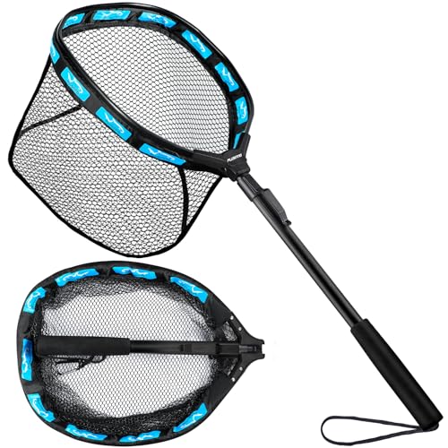 PLUSINNO Fishing Net Fish Floating Landing Net, Kayak Nets with Fixed Foldable Telescopic Pole Handle, Bass Trout Fishing Nets with Nylon Mesh for Pond Lake River, Fishing Gear Gifts for Men Anglers - color: 11.8"/30cm Hoop Size 0.8M Blue(Not Extendable),