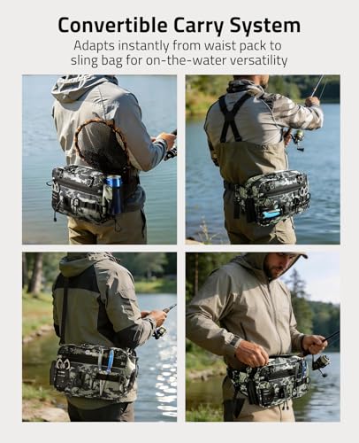 CVLIFE Fishing Tackle Bag Waist Pack with Rod Holder, Water Resistant Fanny Pack Includes 3600 Tackle Box, Waterproof Pouch & Carabiners, Convertible Sling Bag with Net Holster for Gear - color: Shadowstand