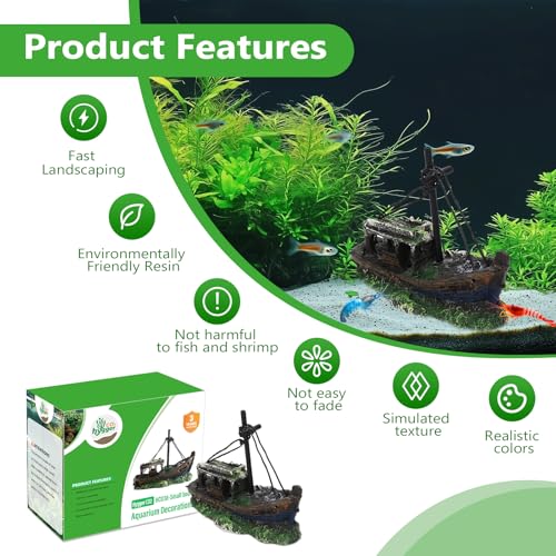 Small Boat Aquarium Decorations Resin - Sunken Shipwreck Fish Tank Ornament for Aquatic Adventure Scene-Approx. 4.9" L x 2.4" W x 3.9" H (Small Boat) - color: Small Boat
