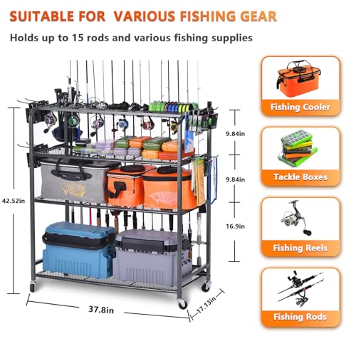 Heavy Duty Fishing Rod Rack, Fishing Organizer for Garage, Fishing Gear Holder for Garage with Movable Wheels - size: 15 Rods & Reel Storage
