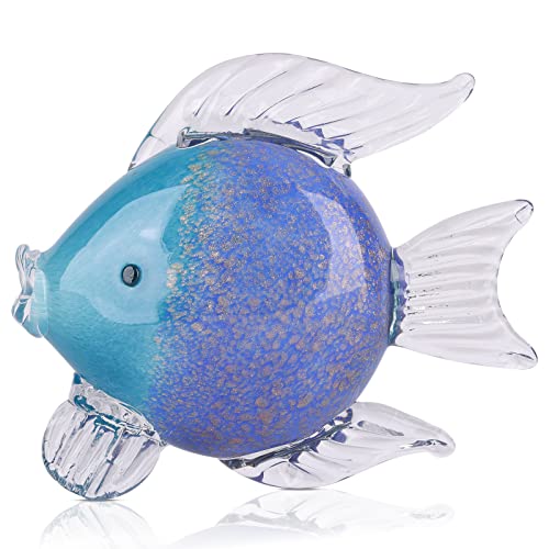 QIANLING Glass Fish Figurines - Coastal Home Decor, Modern Ocean Centerpieces for Living Room, Dining Area, Bathroom, Office, Coffee Table, Beach House, Nautical, Seaside, Entrance, Shelf Display - color: Blue & Purple Fish