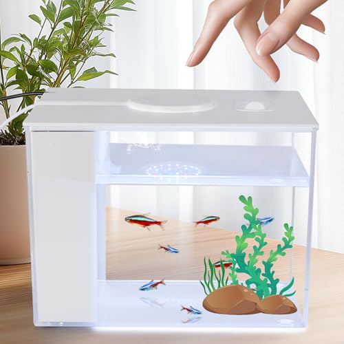 Mini Fish Tank Betta Aquarium Starter Kits Multifunctional Desktop LED Aquarium with Switch Button White, 1 Gallon - color: Pale white