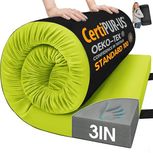 CYMULA 3 Inch Memory Foam Camping Pad, Camping Essentials Roll Up Floor Mat for Car Camping, Cot, Tent, Truck, Travel and Guest Use, Non-Slip Waterproof Bottom, Removable Cover - color: LIGHT GREEN, size: Small Cot:63*25*3
