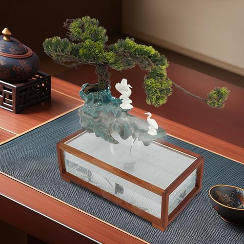 Tabletop Fountain Elegant Indoor Crane Water Fountain w/Fish Tank & Atomizer, Desktop Decoration with LED, Fake Plants Feng Shui Decor for Office Home