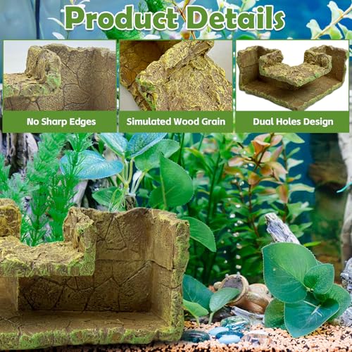 Aquarium Hideaway Cave Underground Tunnel Hideout Wood-Like Fish Tank Cave for Corners View Fish in Aquarium Decoration with 2PCS Plastic Aquatic Plants for Betta Shrimp Guppy Hide