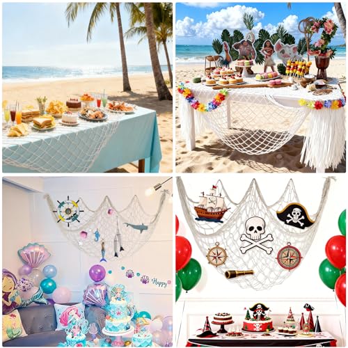 10x5 Feet X-Large Fishing Net Decor for Party - 2 Pack Beige Fish Net Decorations Beach Hawaiian Pirate Under The Sea Party Decorations, 3mm Cotton Fishnet Ocean Nautical Themed Wall Table Decor - color: Beige, size: X-Large - 2 Pack