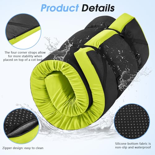 CYMULA 3 Inch Memory Foam Camping Pad, Camping Essentials Roll Up Floor Mat for Car Camping, Cot, Tent, Truck, Travel and Guest Use, Non-Slip Waterproof Bottom, Removable Cover - color: LIGHT GREEN, size: Small Cot:63*25*3
