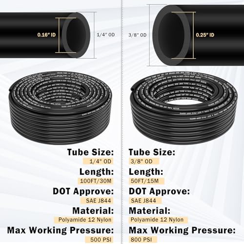 CheeMuii 76 PCS Brass DOT Air Line Fittings with 100FT 1/4" and 50FT 3/8" DOT Air Line Kit Push Lock Air Fitting Quick Connect & NPT Thread Fittings with Pneumatic Tubing Set - size: 2ROLL-80PCS-BLACK