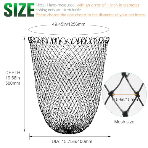 Dovesun Fishing Net Fish Landing Net Foldable Fishing Replacement Net for Freshwater Saltwater Fishing Net Replacement Netting Green/Black 2 Colors Handle/Frame Not Included - color: Black, size: 15.75" dia-19.68" depth(49.45" Circumference)