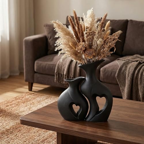 Black Heart Vase Set of 2,Modern Vases for Home Console Table Decor for Living Room Coffee Table Fireplace Bookshelf Decorations（3.5" L x 4.4" W x 8.5" H） - color: Black