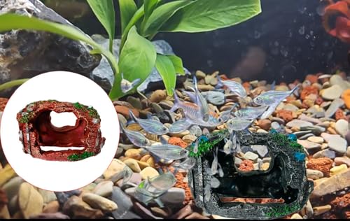 2 PCS Aquarium Resin Fish Tank Decorations Broken Barrel Shipwreck Theme Landscaping Hideouts Accessories Caves Hide Hut Fish/Small Turtles Tank Ornaments with 2pcs Artificial Aquatic Plants (Red)