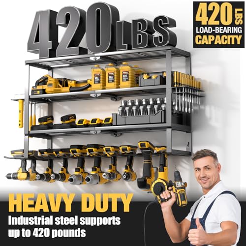 YYR Large Power Tool Organizer Wall Mount, Heavy Duty Metal Cordless Drill Storage Rack with Battery Charging Station Shelf, Utility Racks for Garage Organization, 4 Layer 10 Drills Holder Extra Tall - size: 4 Layer 10 Drills Holder Extra Tall