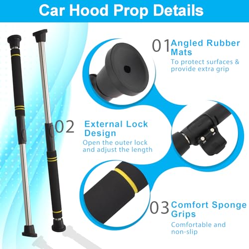 Telescopic Hood Prop Rod, 29 to 40 inches Hood Prop Holder Tool for Car Trunk Universal Engine Support Bar Stainless Steel Material with Comfortable Sponge Handle Telescoping Adjustable