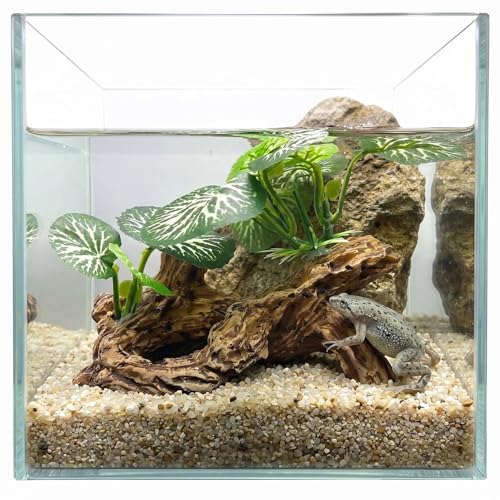 Aquarium Driftwood Decor 4 Inch - Resin Driftwood with Silk Plant Leaves, Fish Tank Decoration for Betta, African Dwarf Frog, Shrimp Hideout
