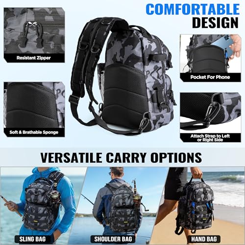 PLUSINNO Fishing Gear,Fishing Backpack with Floating Fishing Net,Tackle Boxes,Waterproof Fishing Tackle Bag,Fishing Gifts for Men - color: Black Camo Backpack With Fishing Net