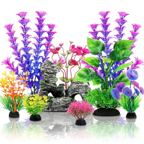 QUOZUO Fish Tank Accessories Aquarium Decorations Plants, 9pcs Colorful Fish Tank Artificial Plants and Cave Rock Decor Set, Aquarium Decor Plastic Plants