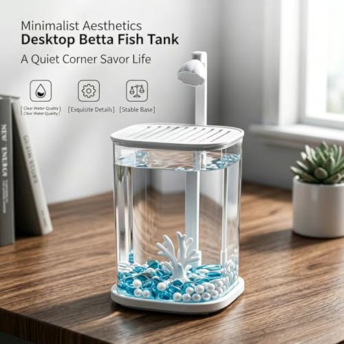 Portable Fish Tank, Small Fish Tank, 0.45 Gallon Fighting Fish Tank, Suitable for Office, Home and Travel Fish Tanks, Including Pearl Coral Decoration, Equipped with LED Lights and USB Plug