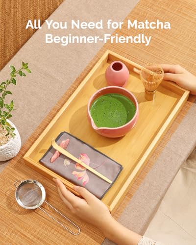 Maestri House Pink Matcha Whisk Set, 7-Pc Complete Matcha Kit with Spouted Ceramic Bowl, Bamboo Whisk and Holder, Scoop, Spoon Rest & Sifter, Tea Cloth – Ideal Gift for Matcha Lovers (Pink) - color: Pink