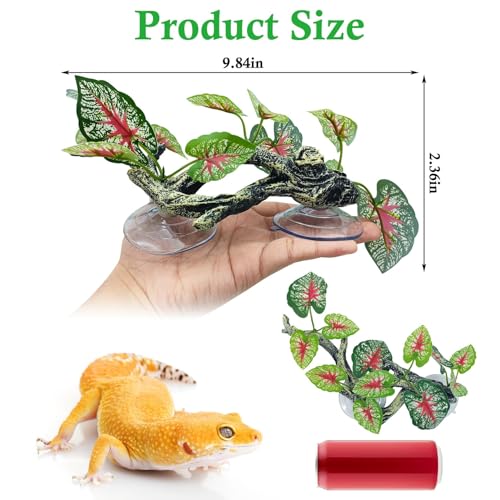 kathson 2 PCS Reptile Corner Branch Resin Snake Climbing Accessories with Leaves Terrarium Plant Decoration with Suction Cup Lizard Plant Ornament for Frog Bearded Dragon Gecko Spider Climbing - color: Green With Red