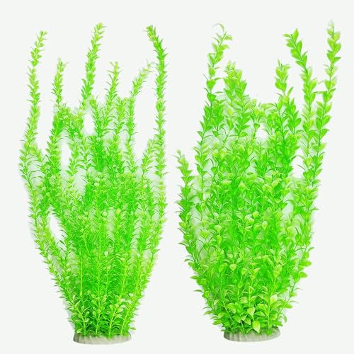 2 Pcs 24 Inch Tall Aquarium Plants, Adjustable Plastic Fish Tank Decor with Detachable Leaves, Artificial Background Greenery for 20-55 Gallon Tanks(Light Green(Style A))