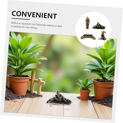 4pcs Miniature Brass Fisherman Figurines with Monk and Small Bridge, Asian Style Garden Statues for Aquarium Terrarium and Home Décor Micro Landscape Ornaments