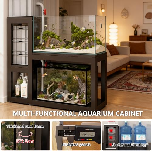 Heavy Duty Metal Frame Aquarium Stand Fish Tank Stand Storage Shelf Multi-Layer Design With Anti-Slip Mat Suitable for Living Room Office and Study Black + Light Walnut 120x110cm/47.2x43.5in - color: Black + Light Walnut, size: 120x110cm/47.2x43.5in