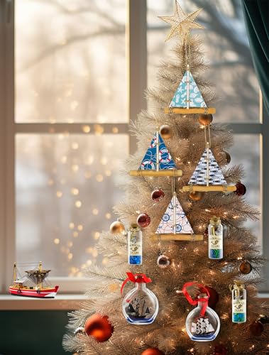 SAILINGSTORY Driftwood Sailboat Ornaments for Christmas Tree Sail Boat Decor Nautical Beach Christmas Ornaments Set of 4 Pack