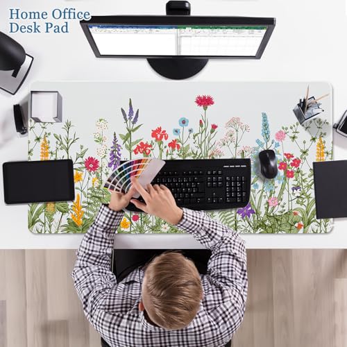 Desk Pad Botanical Floral, Desk Mat for Desktop, Sage Green Spring Flowers XXL Large Gaming Mouse Pad Non-Slip Rubber Base Stitched Edges Keyboard Mouse Mat for PC/Laptop/Computer/Work/Office - color: Colored Flowers, size: 31.5" x 15.7"
