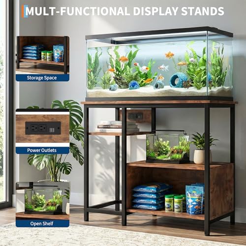 Heavy Duty 40-50 Gallon Aquarium Stand - Metal & Wood, 4-Tier Open Storage Shelves, Drawer, Power Outlets, for Fish Tank & Terrariums, 36.6" x 18.9" x 30.7" - Rustic Brown - color: Brown