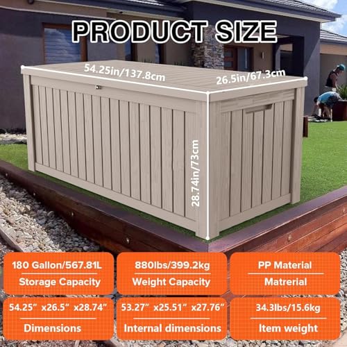 TARKARI 180 Gallon Outdoor Storage Box Waterproof, Resin Deck Boxes with Lockable Lid & UV-Resistant for Patio, Pool, Garden Furniture Cushions & Accessories, Coffee - color: Coffee, size: 180 GAL