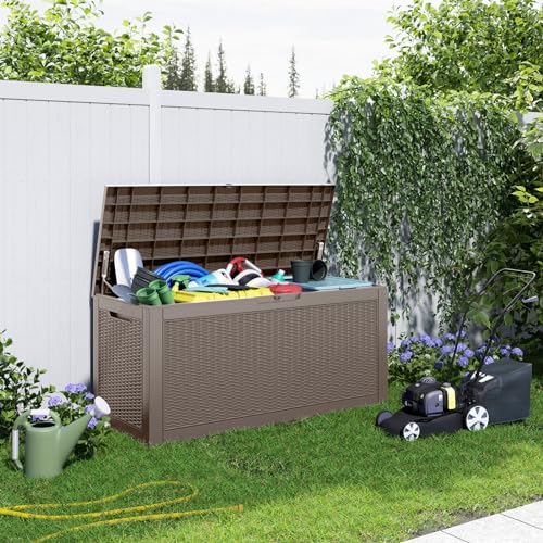 PatioZen 120 Gallon Resin Deck Box, Lockable Patio Outdoor Storage Box for Furniture, Garden Tools and Tools Storage, Waterproof Outside Storage Boxes - Grey - color: Grey, size: 120 Gallon