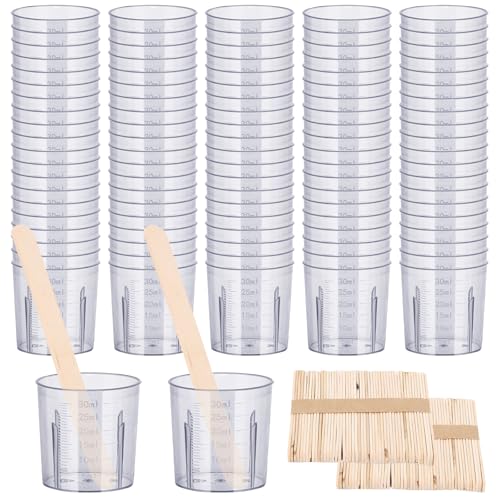 Gartful Resin Measuring Cups and Sticks, 200PCS Disposable Mixing Cups Set - 100PCS 30ml Graduated Measuring Cups and 100PCS Wooden Stir Sticks for Epoxy Resin, Glue, Paint Pouring - color: Clear cups+wooden stick, size: 30ml