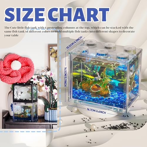 Small Betta Fish Tank, Mini Sea Monkey Tank Aquarium Kit with Gravel & Background Resin Decor, 0.6 Gallon Stackable Tabletop Fish Bowl Accessories for Shrimp Seaweed Ball - color: Clear