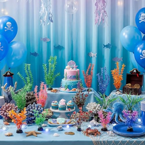 Outus 18 Pcs Under The Sea Party Decorations Ocean Theme Birthday Party Decorations 4" 12" 14" Artificial Fake Seaweed Plants Table Centerpiece for Summer Underwater Fish Tank Lifelike Decor