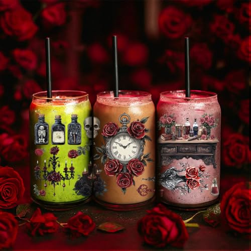 32 Pcs Gothic UV DTF Cup Wraps for 16OZ Glass, 4.3 x 9.4 Inch Skull Rose UV DTF Transfer Stickers Waterproof Rub on Transfer Decals for Glass Bottle Vase Furniture Crafts - style: Skull and Rose